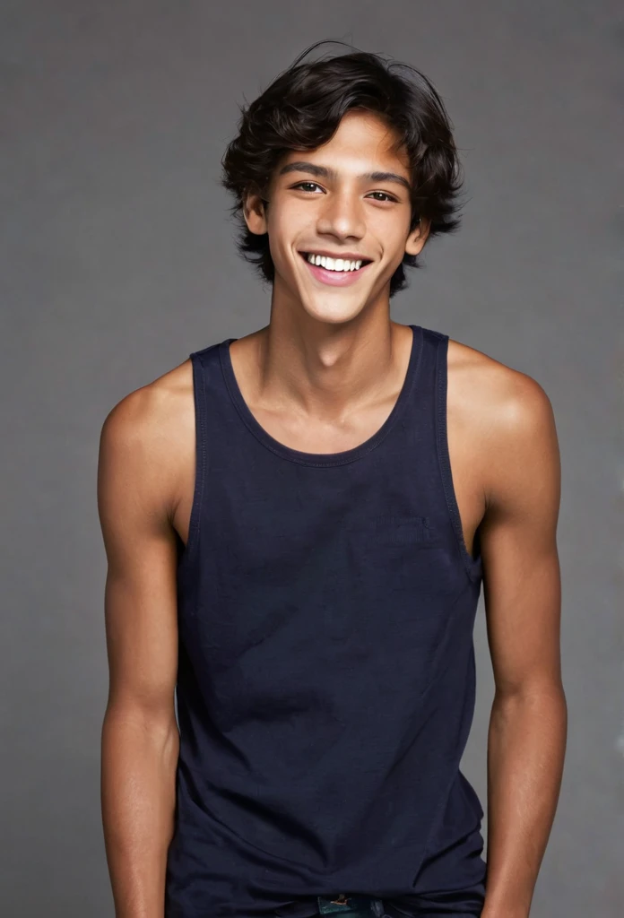 Teen,male,dark hair, thin body, dark brown skin, brown eyes, white teeth, whole body