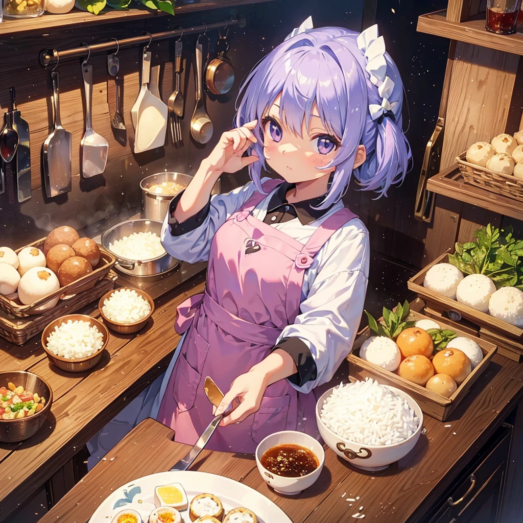 {{{Masterpiece, highest quality, high resolution background}}}, bright and beautiful atmosphere, 1 girl (7 years old, round face, baby face), small breasts, kitchen, lots of rice balls on the cutting board, wearing an apron, A girl holding a rice ball, rice on her cheek, "deltamon_sdXL :0.73) >Deltamon"