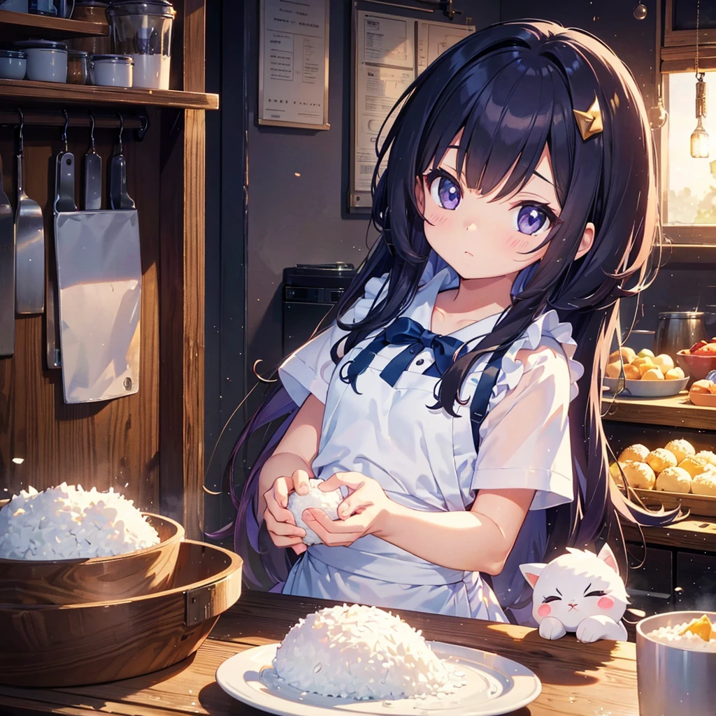 {{{Masterpiece, highest quality, high resolution background}}}, bright and beautiful atmosphere, 1 girl (7 , round face, baby facebreasts, kitchen, lots of rice balls on the cutting board, wearing an apron, A girl holding a rice ball, rice on her cheek, "deltamon_sdXL :0.73) >Deltamon"