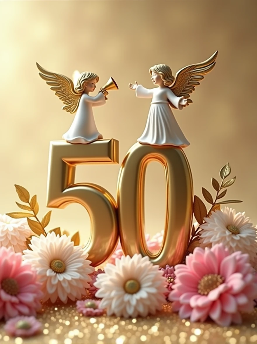 a 3d flat golden 50 with an angel on top of itwith a trumpet and another on the right side of welcoming others, lying on pink and white flower bouquets with golden leaves, backdrop of glittering gold particles