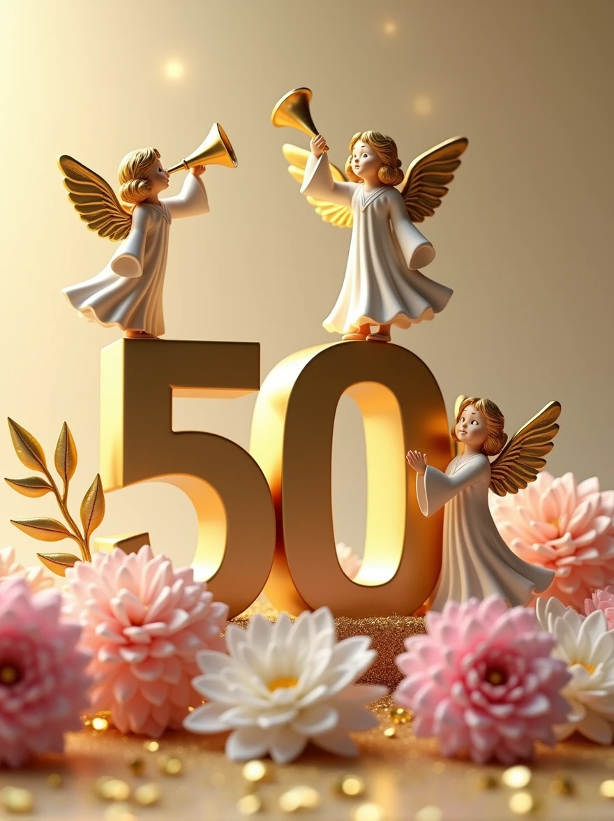 a 3d flat golden 50 with an angel on top of itwith a trumpet and ther on the right side of welcoming others, lying on pink and white flower bouquets with golden leaves, backdrop of glittering gold particles