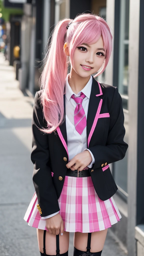 very fine 8kcg wallpaper,best masterpiece,masterpiece,((((5 years old)))),(petite),cute,kawaii,baby face,cute eyes,(((gyaru,full makeup:1.2))),bracelet,,(((hot pink hair))),(side pony tail),long hair,realistic detailed hair,heartily laugh,outdoor,((tatoo)),(flat chest),(skinny legs),(slim thin),((slim thighs)),
break,
(school uniform,collared blazer,blouse,plaids mini skirt),cleavage,thighhighs,garter belt,garter straps,
