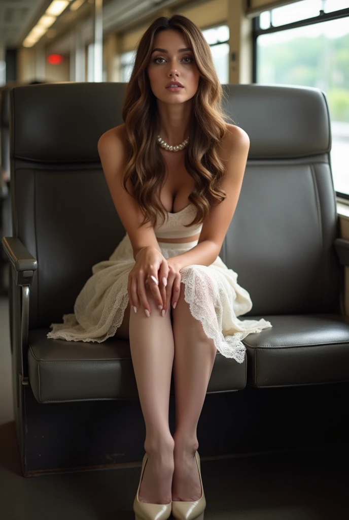 Beauty sitting on train seat, Sit well, Shot from the opposite seat, skirt, High heels, pantyhose, White lace panties, Amazed expression, Perfectly styled long hair, Pearl Necklace