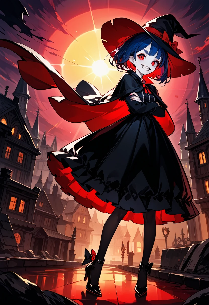 score_9, score_8_up,score_7_up,1 girl,solo,10 ,(female child:1.5),(vampire:1.5),(witch:1.3),emaciated,red eyes,(darkblue hair,wavy-short hair,)middle thick eyebrows,middle small breasts,(pale skin:1.5),(sharp teeth:1.5),(gothic lolita,black dress:1.1),(black thighhighs:1.3),pointy hat,high heels,(vampirecape,cape,cloak:1.1),(grin:1.5),skinny
(from front),indoor
(Rembrandt lighting, colorful reaction, lens flare, bloom,film Reflection),(stand with open stance:1.1), (crossed arms:1),
,on magic-circle,pale skin,