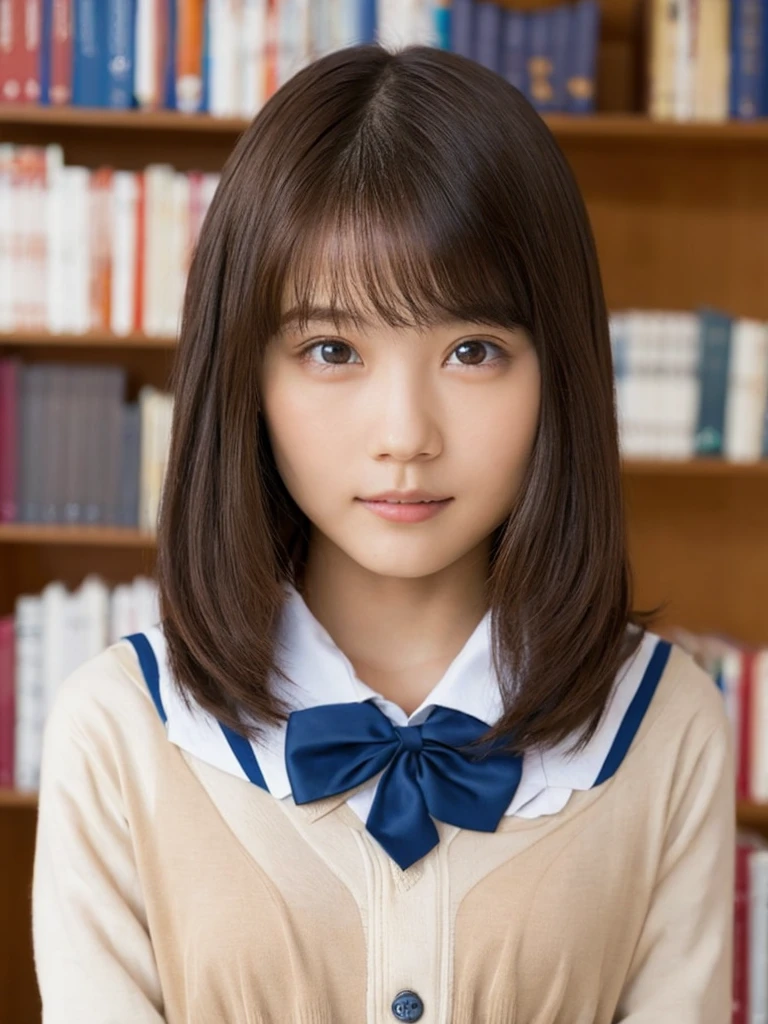 One Girl, (beautiful girl, Delicate girl:1.3), (14 years old:1.3),
break, (Uniform Costume:1.3),
break, (Standing in the library:1.2),
break, Very beautiful eyes, (Symmetrical eyes:1.3),
break, Small breasts, Brown eyes, Parted bangs, Brown Hair, (Upper teeth, The best smile:0.2),
break, (Eye and facial details:1.0),
break, (masterpiece, Highest quality, Very detailed, Detailed face, 8k)