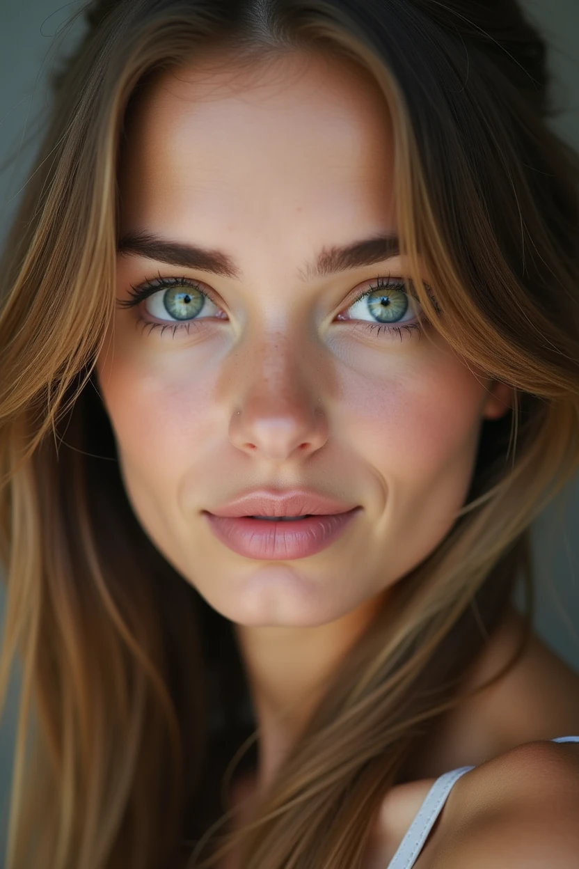 woman with slightly stretched intense green eyes, long light brown hair, naturally plump lips, slightly tanned complexion. 20 ans. pas de fossettes. sourcils fournis. des cils longs. I don&#39;t want her to be the smile marks. hollows on the cheeks. not those in front of the face 


