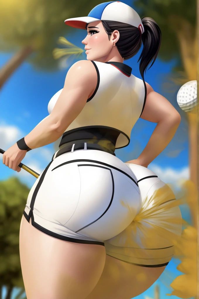 Big breasts,huge ass, huge , pink thong, short mini white golf shirt, bent over, picking up a golf ball, looking back, grass, on a golf Big breasts,huge ass, huge , pink thong, short mini white golf shirt, bent over, looking back, grass, on a golf course, golf ball in , golf ball  lips, golf ball in mouth,