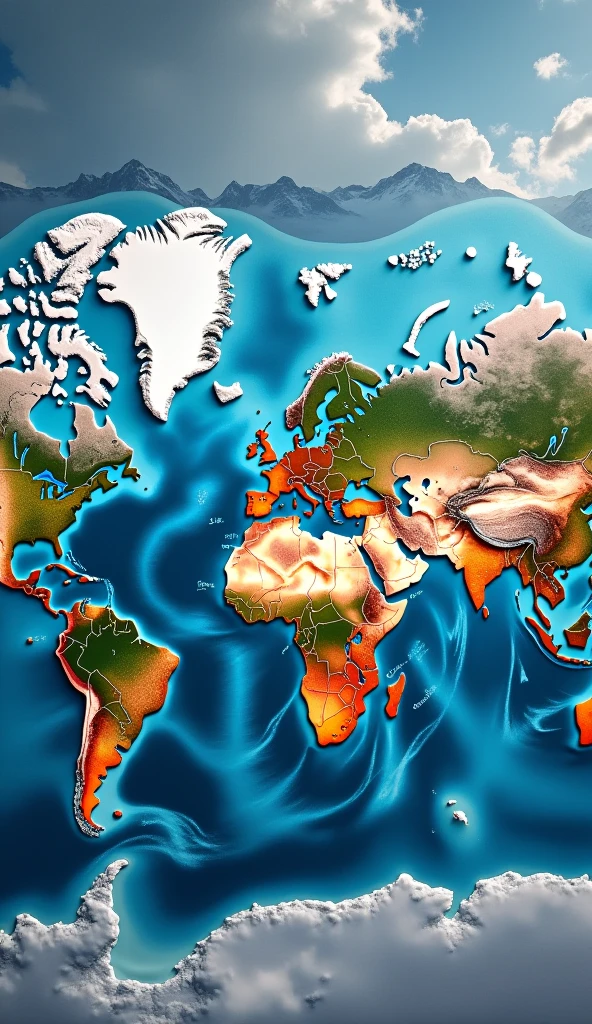 Show a map of the world with ocean currents altered by melting ice caps. Illustrate how these changes affect weather patterns, with visual indicators of extreme weather events like hurricanes and heatwaves