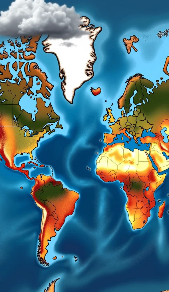 Show a map of the world with ocean currents altered by melting ice caps. Illustrate how these changes affect weather patterns, with visual indicators of extreme weather events like hurricanes and heatwaves