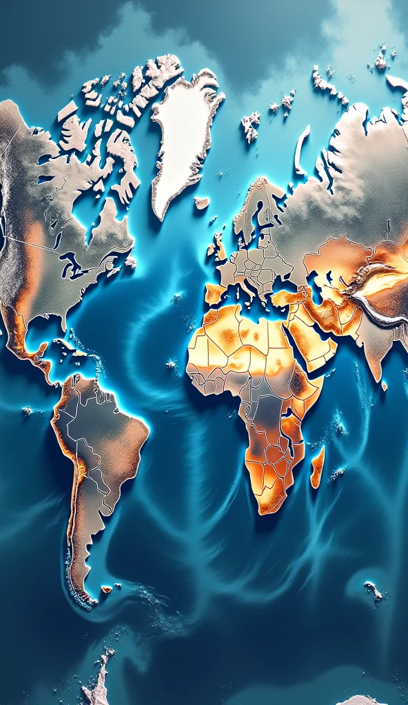 Show a map of the world with ocean currents altered by melting ice caps. Illustrate how these changes affect weather patterns, with visual indicators of extreme weather events like hurricanes and heatwaves