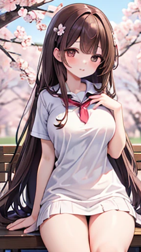 High resolution、masterpiece、Brown Hair、I、For women、high school girl、School、cherry blossoms、Detailed Background、Detailed eyes、((Brown eyes)),Beautiful and perfect legs, Clean and perfect hands,Large Breasts