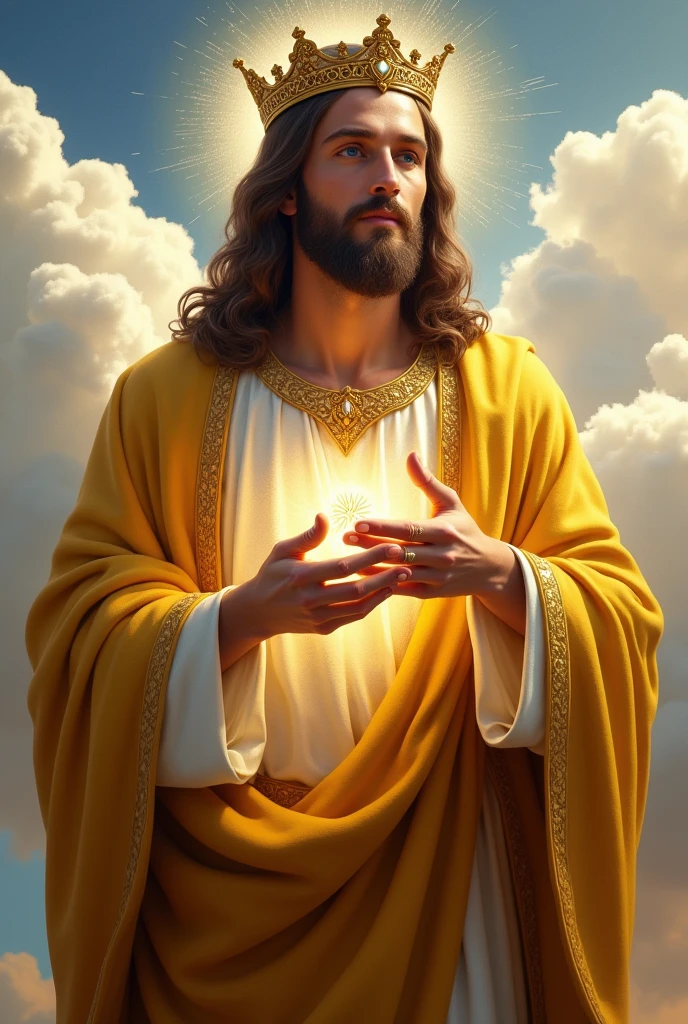 Perfect hand 5 finger, Portrait of a handsome Jesus Christ with light in his head and heart sparkling all over. wearing yellow king clothes and crown of king in the clouds, Jesus Christ, real blue eyes, sunny day, intricate details.real Jesus Christ, straight head face, Straight body.Prayer Jesus Christ, perfect full body,  perfect hands finger,Prayer Jesus Christ, praying Jesus Christ backgrounds natural photographic