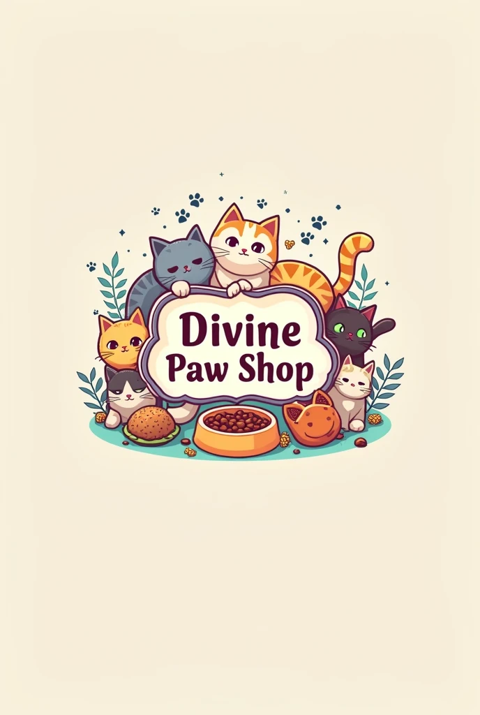 Create a logo of name Divine paw shop, make it cute and interesting by adding different cat toys cat bowls cat food and paws  around the name. Use light colours make the name pop more.  Use more cat stuff into it, cat bells, cat tails, and make it cute
