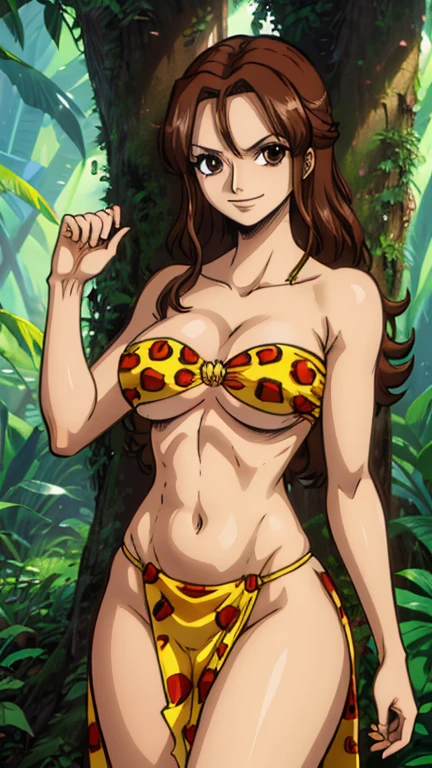 (1girl, jenna), (extremely detailed CG unit 8k wallpaper),(master part), (best quality), (ultra detail), (best illustration),(One Piece Style), cowboy shot, (Sharp eyeliner, ombre, detailed eyes:1), exotic jungle background, break , upper body,long hair,brown hair,leopard print,smile,large breasts,solo,bikini,animal print,swimsuit,cleavage,underboob,navel,loincloth,bare shoulders,strapless,barefoot,nature,dark-skinned female,dark skin,forest,brown eyes,tree,medium breasts,pelvic curtain,