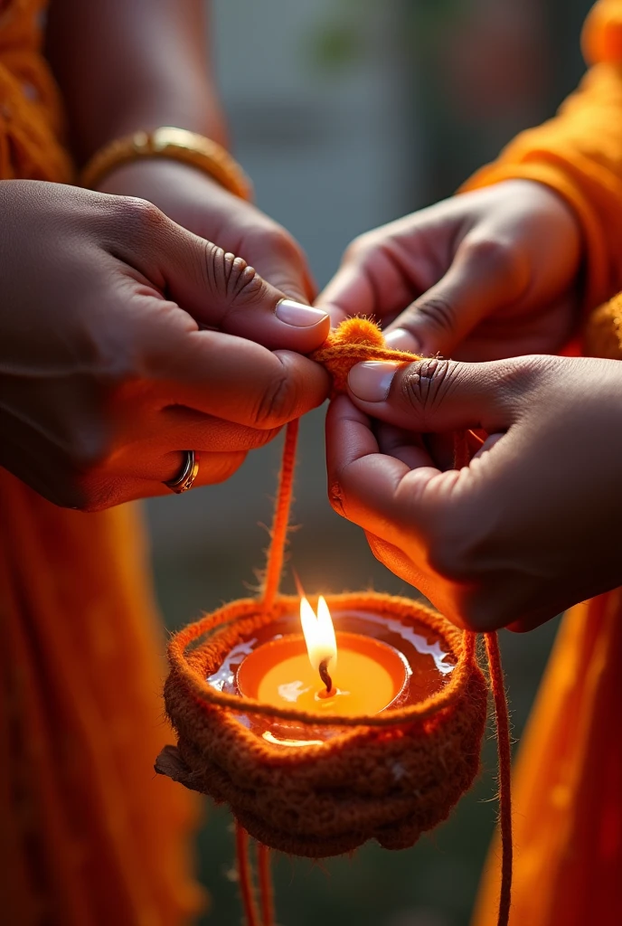 Generate an image of a janai purnima, which is a festival in Nepal, in which a person is tying a holy thread of hindus to a person.