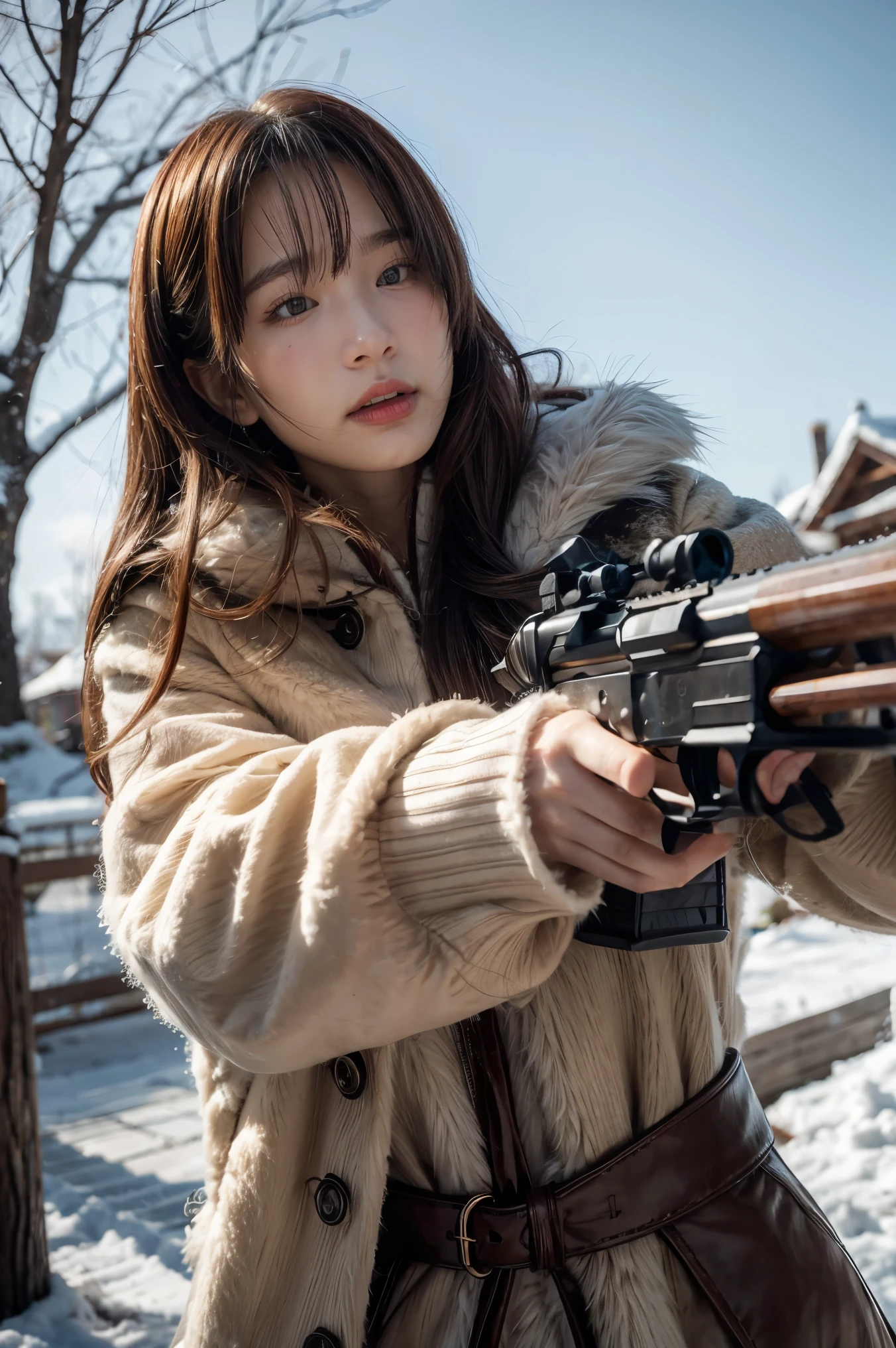 a huntress girl with long red hair holding a rifle in a snow fighting pose,detailed leather and fur coats,east asian inspired ink style,cold snowy environment,3D, 4K, detailed, practical, artwork