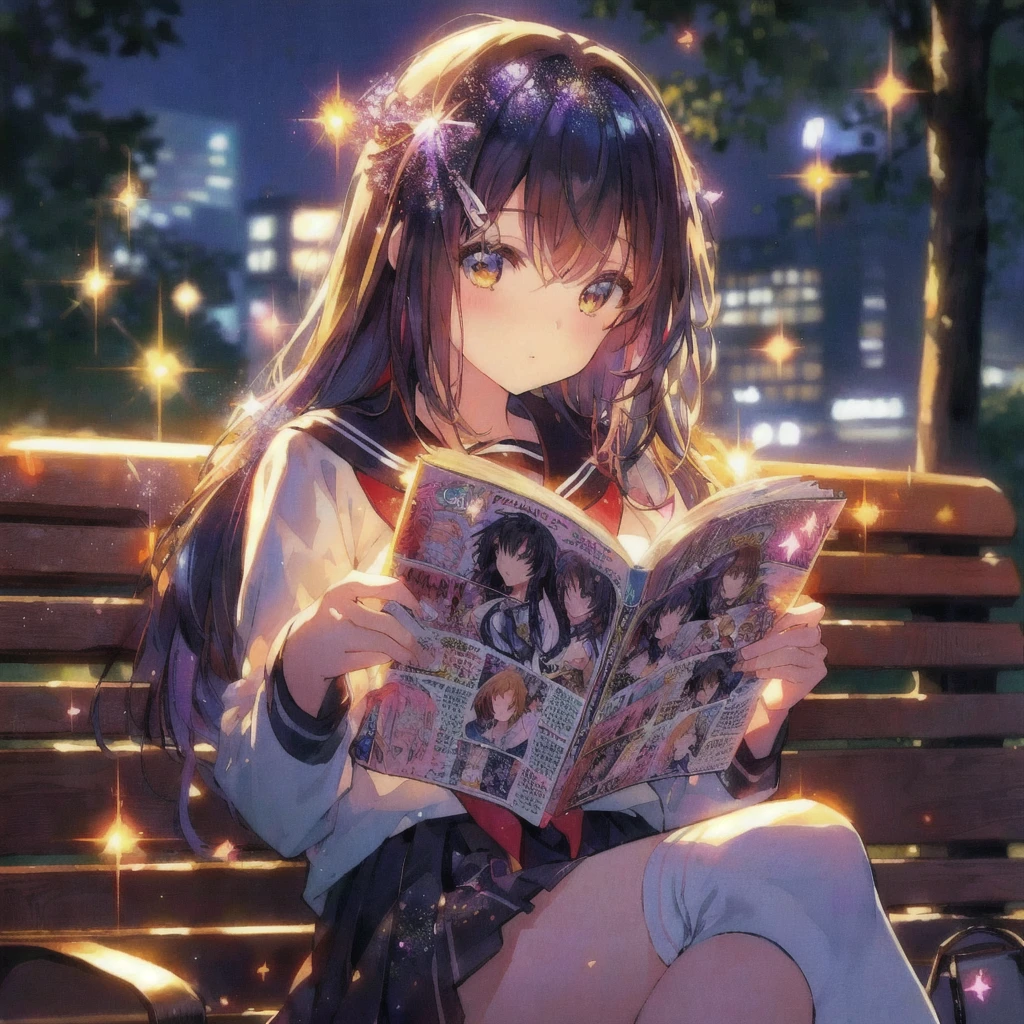 anime girl reading a book on a bench in the park, Comic magazines are shining,4K Manga Wallpapers, anime wallpaper 4k, anime wallpaper 4 k, 4k anime wallpaper, anime style 4 k, anime picture, anime. Soft lighting, beautiful anime girl, anime lighting, anime lover, 80年代のanimeスタイル,anime art wallpaper 4 k, anime art wallpaper 4k, Nightcore, anime wallaper
