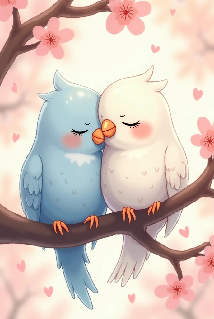 Cute budgerigar with light blue head and white feathers、I'm sitting on the branch of a cherry tree!
Next to her is a pure white female bird!
The two are sleeping together. Make it look more like an illustration.