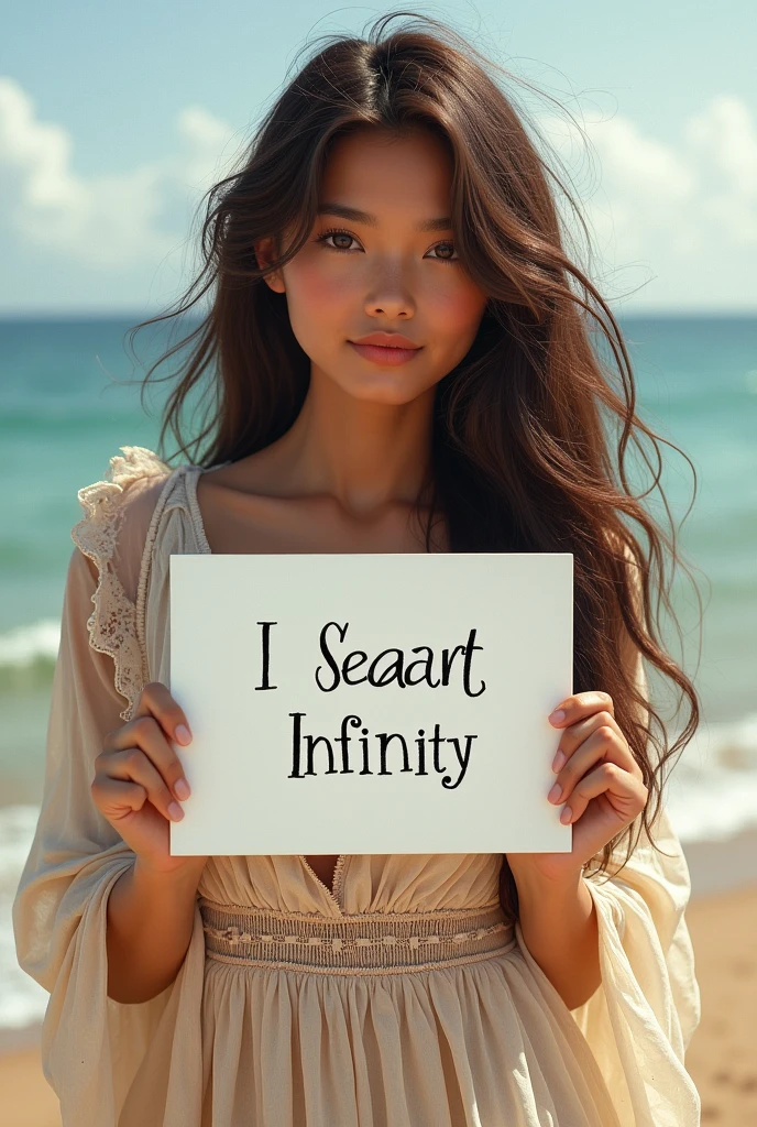 Beautiful girl with wavy long hair, bohemian dress, holding a white board with text "I Love Seaart Infinity" and showing it to the viewer