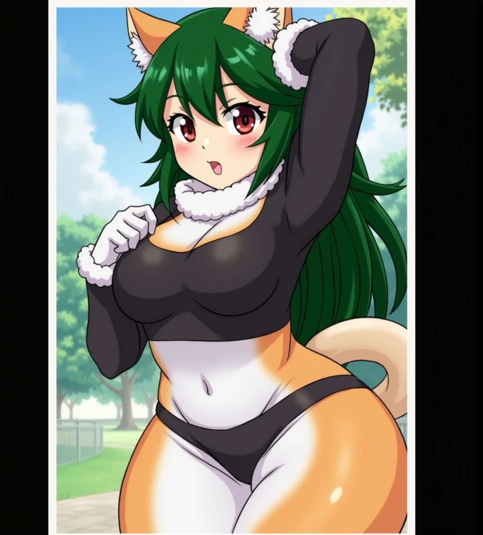 masterpiece, best quality, sundyz, hd, high detail, green eyes, green hair, orange fur, cute face, cat, white fur, fluffy, ((kemono)), [[furry]], chinese, cute, sexy pose, huge breasts, wide hips, very thick thighs, large thighs, huge fluffy tail, solo, Apron can barely hold breasts, milf, showing her hips for the viewer, naked body, 10'5 feet tall, apartment, indoors, sitting on the couch