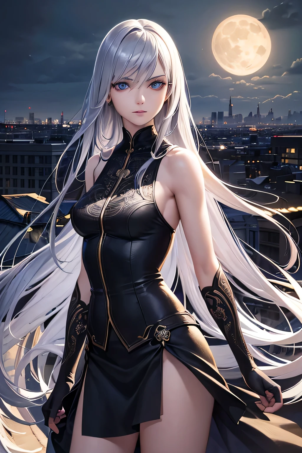 masterpiece, top quality, super detailed, high resolution, (realistic, photorealistic:1.37), excellent anatomy, beautiful 1 woman, (best illustration), solo, ager, absurdly long hair, silver hair, straight hair, ((blue eyes)), ((hyper detailed eyes)), ((hyper detailed face)), gloomy face, lonely, looking at viewer, dress suit, ((sleeveless)), ((skirt)), bare legs, thin body, thin arms, long arms, standing, side view, ((rooftop, skyline, urban, night, moonlight)), backlight, (cowboy shot:1.2), best light, best shadow, mysterious, perfect face, highly detailed,