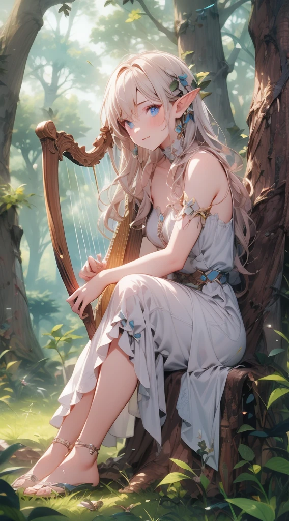 masterpiece, best quality, high quality, detailed, ultra detailed, hyper detailed, insanely detailed, exquisite, beautiful, FHD, Full-HD, 4K, 8K, 16K, highres, absurdres, forest, 1woman, Elf woman playing harp, meditating, intelligent, sitting, long hair, brown hair, silver hair, blue eyes, pale skin, fair skin, in the forest, with a tree, fantasy, beautiful, full body shot, lens flare, dust effect,five fingers