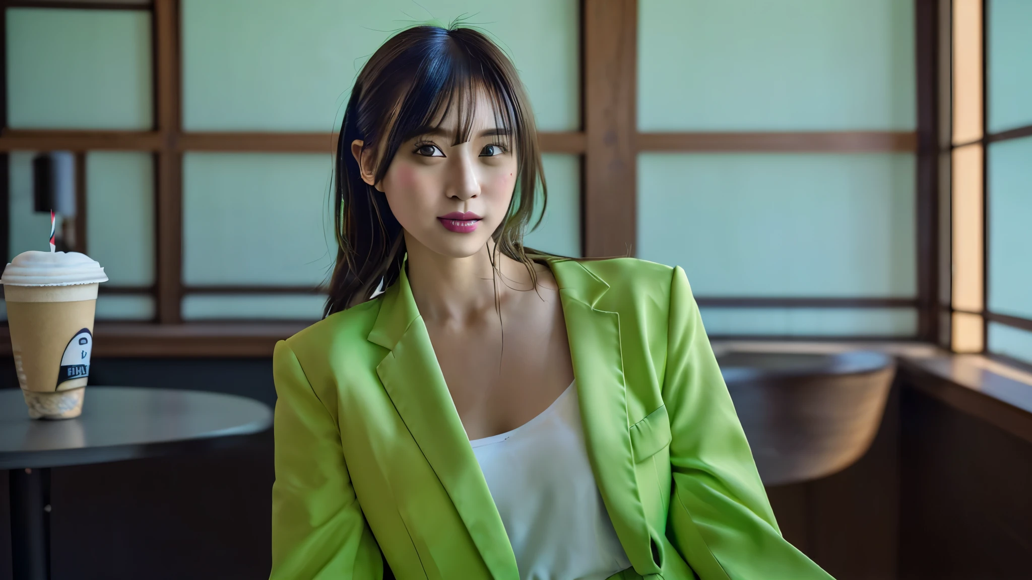 ((very sharp photo result, hyper realistic photo)) (((Best Quality))), (((masterpiece))), (((Ultra-detailed CG))),(((magical ))) there are pretty japan girls chill hangout happy together with fashionable casual suits (detail head, face, body, proportion & anatomy) sitting in a corner in an artsy edgy vibrant color (lime green, light blue, bright yellow combined interior) of a coffee shop, warm dramatic shadow & light, UHD, Shot on : sony a7 | fe 35mm f1.8
