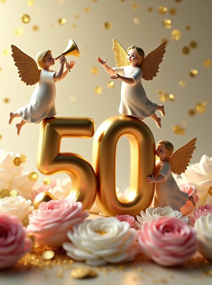 a 3d flat golden 50 with an angel on top of itwith a trumpet and another on the right side of welcoming others, lying on pink and white flower bouquets with golden leaves, backdrop of glittering gold particles