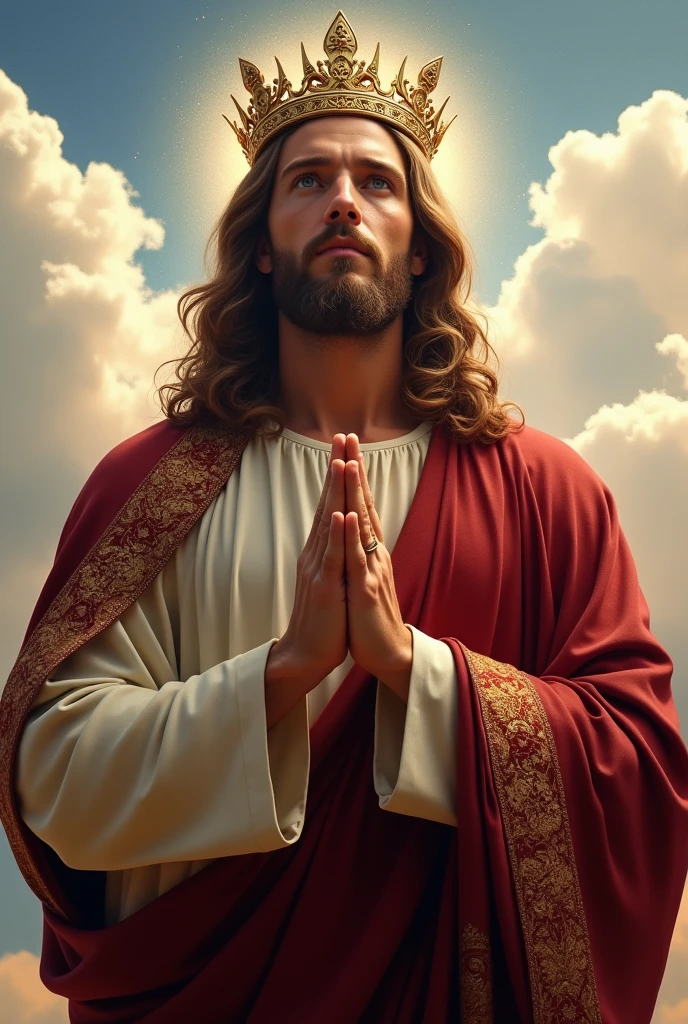 Perfect hand 5 finger, Portrait of a handsome Jesus Christ with light in his head and heart sparkling all over. wearing maroon king clothes and crown of king in the clouds, Jesus Christ, real blue eyes, sunny day, intricate details.real Jesus Christ, straight head face, Straight body.Prayer Jesus Christ, perfect full body, perfect hands finger,Prayer Jesus Christ, praying Jesus Christ backgrounds natural photographic