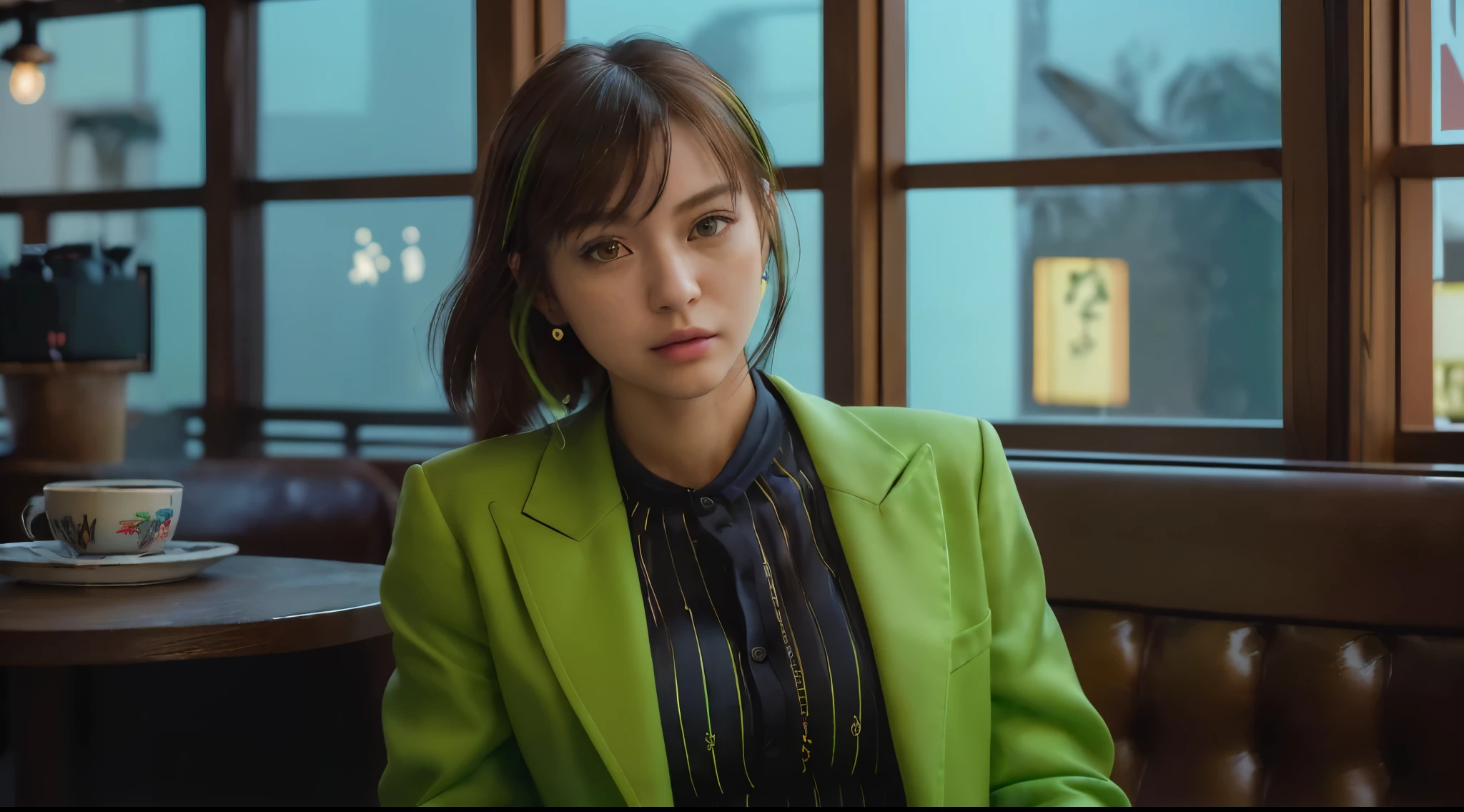 ((very sharp photo result, hyper realistic photo)) (((Best Quality))), (((masterpiece))), (((Ultra-detailed CG))),(((magical ))) there are pretty japan girls chill hangout happy together with fashionable casual suits (detail head, face, body, proportion & anatomy) sitting in a corner in an artsy edgy vibrant color (lime green, light blue, bright yellow combined interior) of a coffee shop, warm dramatic shadow & light, UHD, Shot on : sony a7 | fe 35mm f1.8