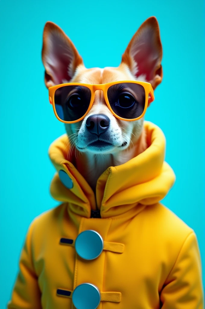 The best cell phone wallpaper, Award-Winning Wallpaper, portrait photography, In the front view is a portrait of a cute dog wearing mid-1960s space age fashion, Side view photo, Shot with Canon EOS R5, Set a strong contrast that accentuates the subject, Fluorescent blue tone, Wearing a very modern coat and sunglasses is a modern 1960s style, Clothes all in one color, beautiful background