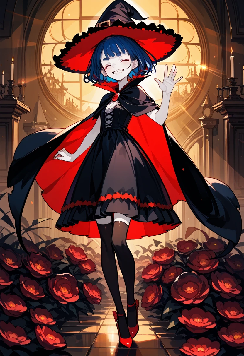 score_9, score_8_up,score_7_up,1 girl,solo,,(female child:1.5),(vampire:1.5),(witch:1.3),emaciated,red eyes,(darkblue hair,wavy-short hair,)middle thick eyebrows,middle small breasts,(pale skin:1.5),(sharp teeth:1.5),(gothic lolita,blackss:1.1),(black thighhighs:1.3),pointy hat,high heels,(vampirecape,cape,cloak:1.1),(grin:1.5),skinny
(from front),indoor
(Rembrandt lighting, colorful reaction, lens flare, bloom,film Reflection),(waving hand),very happy,((closed eyes)),pale skin,