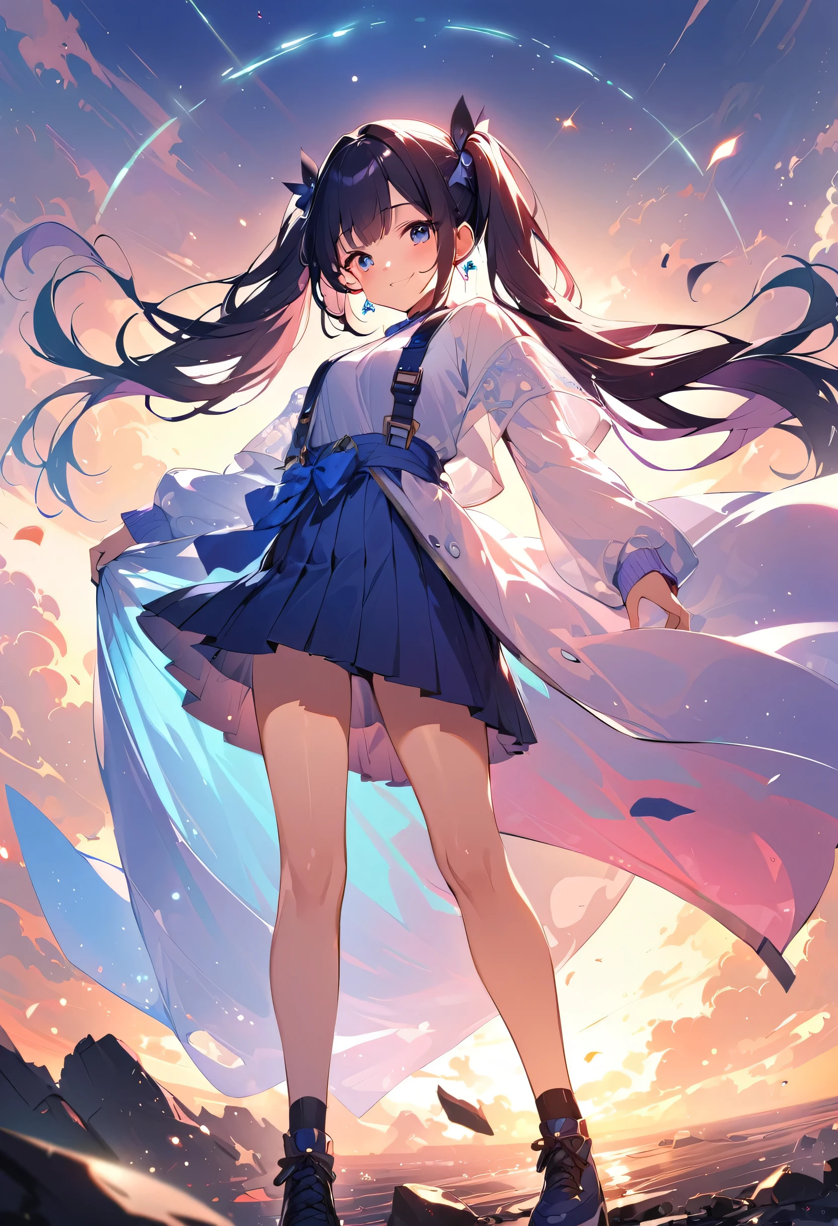 masterpiece, Highest quality, (((Ruined battlefield)))、(((Smile wickedly)))、Raising awareness, Sax Blue,, Black bodysuit, One Girl, cute, (Dynamic Lighting:1.2), Cinema Lighting, Delicate facial features, Detailed eyes, Sharp pupils, Realistic student, Written boundary depth, ボケ Written boundary depth, Sharp focus, (Very detailed, bloom, Shine:1.4), (((long_hair))), Twin tails、Earrings、分けた前hair、銀hair、whole body、Ultra close-up footage、The top is transparent up to the chest.、See-through design。The bottoms are a very short navy blue pleated skirt.、Fits snugly around the waist。The background is simple white.、this、The text is easier to see.。The light source is a soft light from the front....、The overall atmosphere is bright and clean....。