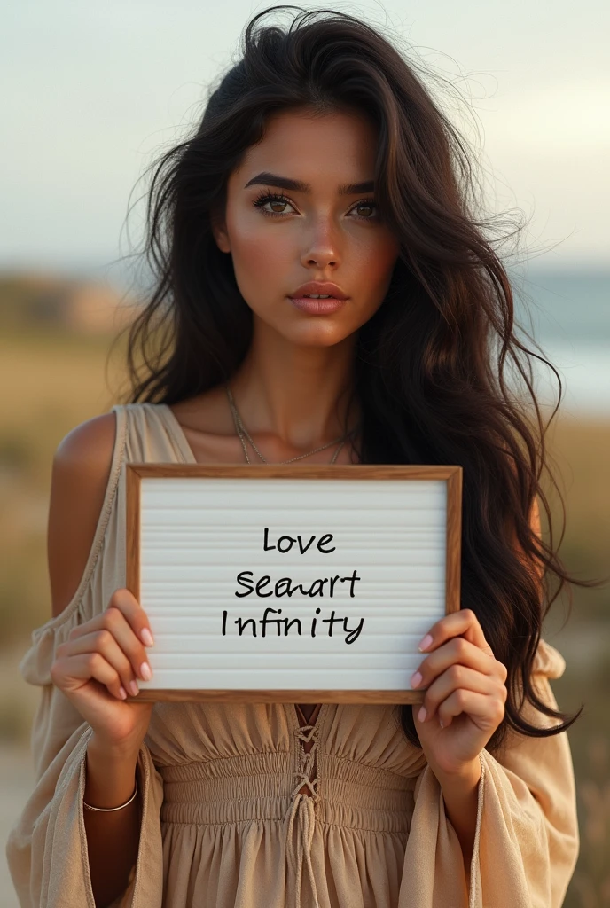Beautiful girl with wavy long hair, bohemian dress, holding a white board with text "I Love Seaart Infinity" and showing it to the viewer