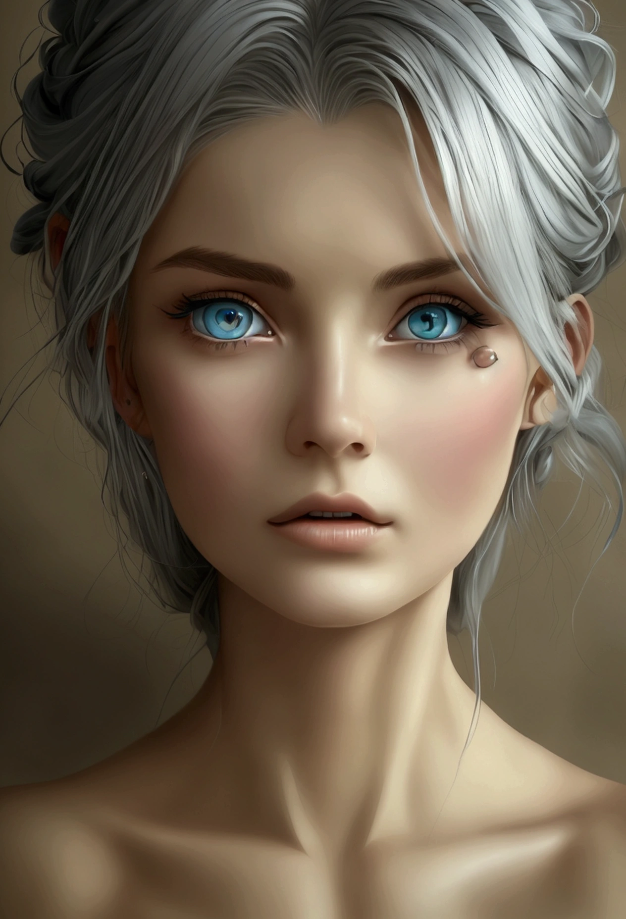 1 girl 23 old years , silver hair, amber eyes, excited, UHD, masterpiece, anatomically correct, super detail, high quality, high details, best quality, highres, HD, 16k, , in the style of Peter Jackson, Pastel, Modern, Ethereal, --c 51