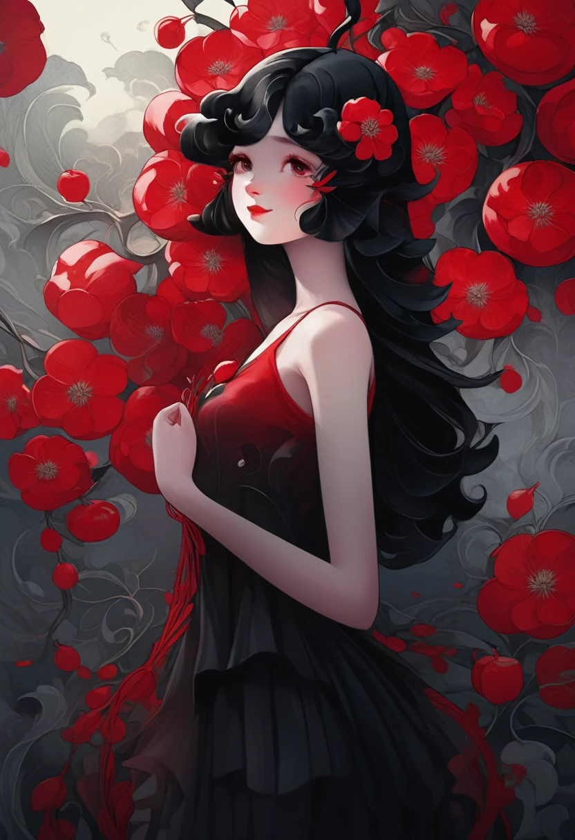 (masterpiece, best quality:1.2), 1 girl, 捧着apple，solitary,Pretty Face，Red Fatism Art Nouveau，Illustration style，Black and red，Flowers，apple

