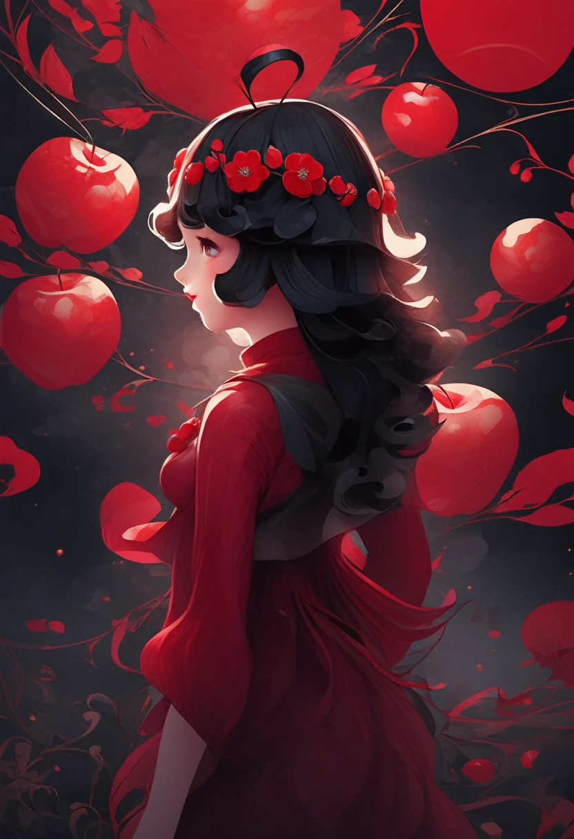 (masterpiece, best quality:1.2), 1 girl, 捧着apple，solitary,Pretty Face，Red Fatism Art Nouveau，Illustration style，Black and red，Flowers，apple

