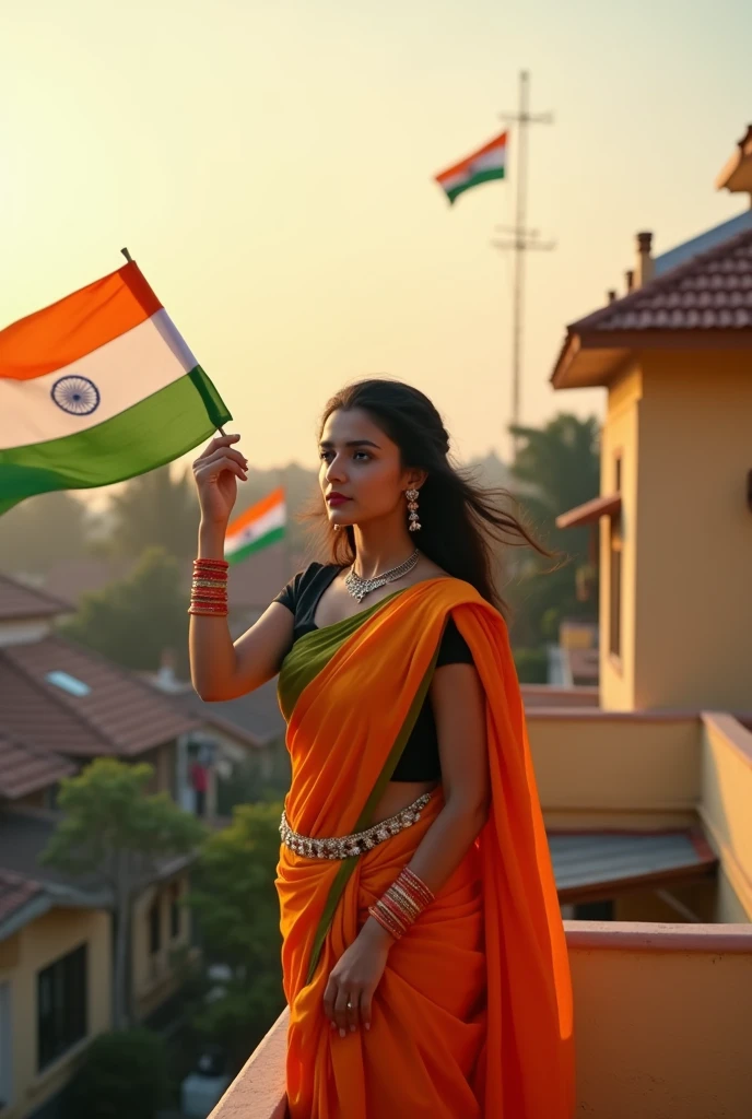 Women standing gracefully on a ((green saree)) against a vibrant saffron sky. Holding (indian flag), ultra detailed face, 8k, small nose, small eyes and lips, ultra detailed long hairs, braided, sindhur, flowers in hair. Standing gracefully, plae white, smiling