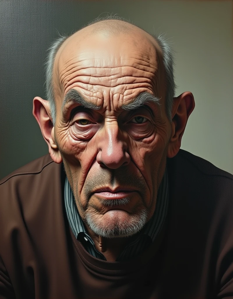 intricate portrait of a huge fat old man, extremely detailed face with prominent wrinkles, sagging skin, bald head, wide nose, thick eyebrows, detailed eyes and lips, wearing a casual shirt, hyperrealistic, oil painting, dramatic lighting, chiaroscuro, muted color palette, masterpiece