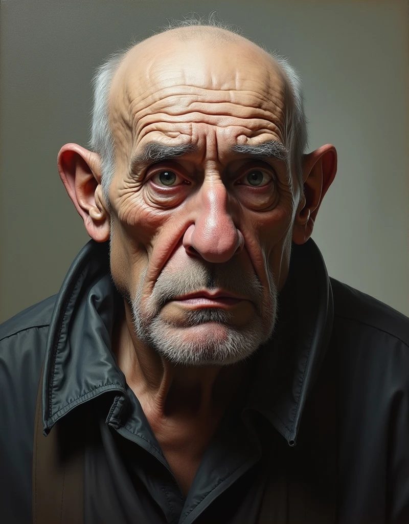 intricate portrait of a huge fat old man, extremely detailed face with prominent wrinkles, sagging skin, bald head, wide nose, thick eyebrows, detailed eyes and lips, wearing a casual shirt, hyperrealistic, oil painting, dramatic lighting, chiaroscuro, muted color palette, masterpiece