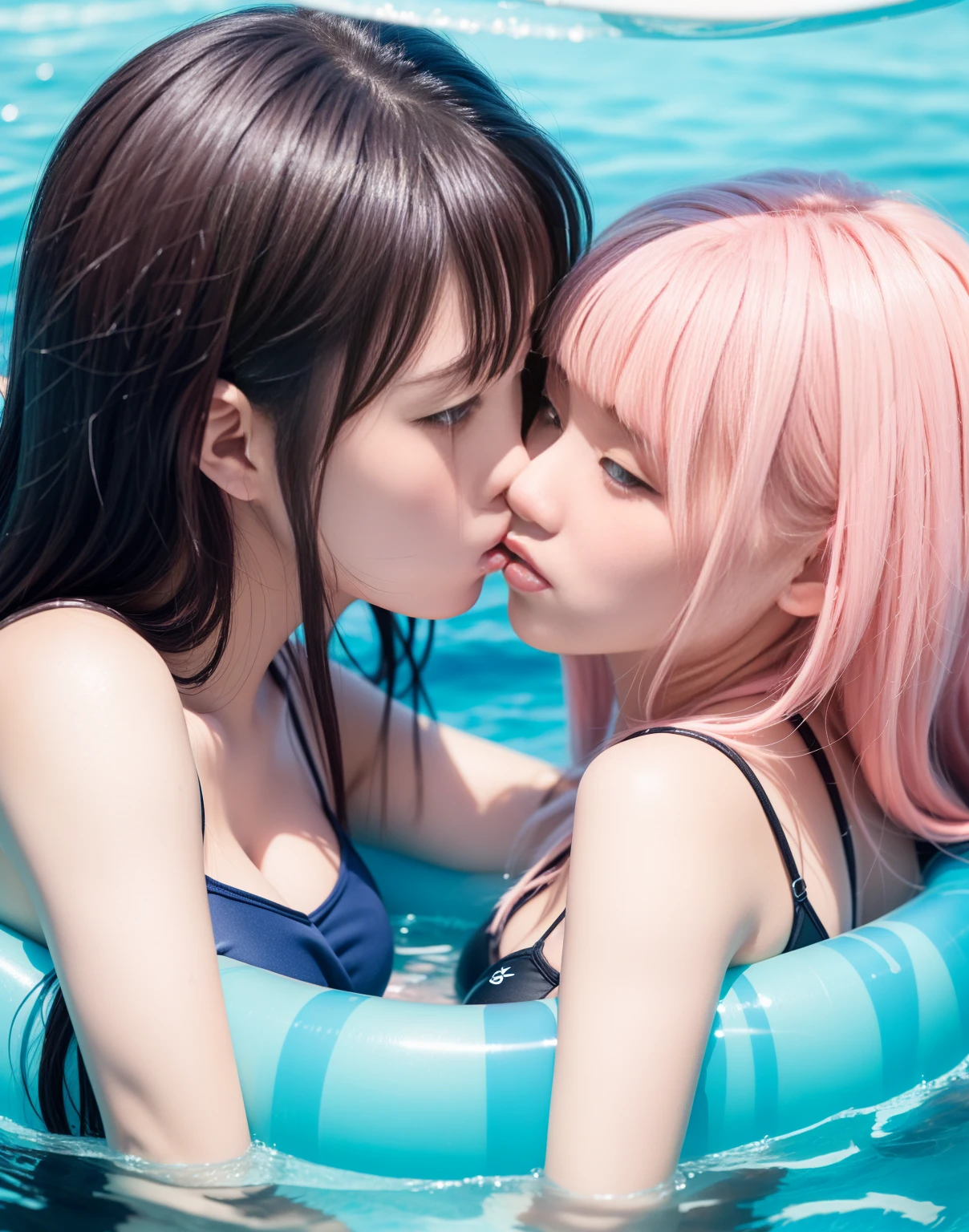 8k,masterpiece,Japanese,best quality, two girls, (kissing:1.5), bikini, (innertube1.7), reluctantly, (blush:1.8), (breasts:1.6)