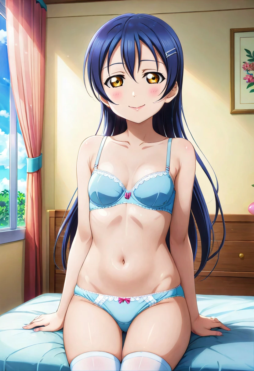 anime artwork, absurdres, highres, , ultra-detailed, beautiful face, high quality, skin, official art,, small breast, sexy, simplistic,plain, 1girl, anime art style, hair between eyes, underwear only, underwear, panties, bra , navel, sitting on bed, ,1girl, umi, blue hair, yellow eyes, small breast, long hair, , petite, standing, (full body:0.7), indoors, knee highs, ll, smile, sonoda umi, umi sonoda, /(love live series/), 