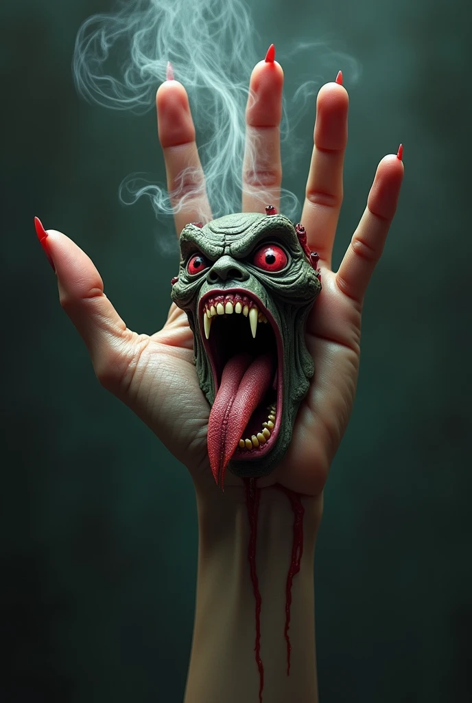 Monstrous hand, bulging veins, pale skin, the steam is negro, demonic mouth in the palm of the hand, one eye red, forked tongue