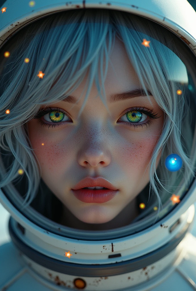 (Close-up of a better masterpiece:1.5)0.9], (Space and astronauts:1.2) (Messy silver hair:1.1) (Heterochromia xanthochromia and blue eyes:1.2) (Space Helmet:1.0) (Colored stars in the eyes:1.0) (A radiant glow:1.1) (thick lips:0.9)