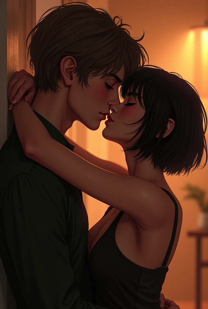 a girl with really short, dark brown hair. which is not longer than the beginning of her neck. she has a rebellious vibe. she’s kissing with a sweet boy, who has brown and very long straight hair. they are in love. she’s touching him. make it look very intimate. 
