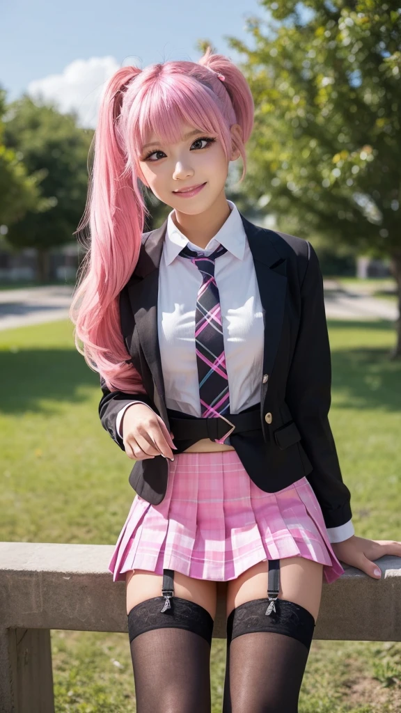 extremely detailed CG unity 8k wallpaper, best quality, ultra-detailed, masterpiece, realistic, photo realistic, blush, parted lips, looking at viewer , half body shot , (Perona One Piece), ping long hair, blushing, beautiful face, embarrassed face, standing, arms behind head, cute face, goth outfit, twintails, outdoor, sakura blossom, stripe legging, skirt, smile at viewer,