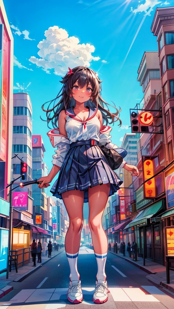 Composition viewed from below　blue sky　cumulonimbus　Sun light　masterpiece　((Brown skin))　((Sunburn))　Anime Style　Delicate painting　4K　90's　giant　Multiple Girls　crowd　 ((Black Hair))　　Metropolis　　　crowd　Crowd of people　((A giant schoolgirl standing in the valley of a skyscraper city))　Metropolis　Tokyo Akihabara Electric Town　Big Breasts　Sailor suit　　Her underwear is visible　Sweating profusely　Splash　sneakers　White socks　watch　Black Hair　　smile　　female giant giant girl Whole body 　 Crowd Unreal Engine,cleavage ,a drawing of a , earrings, long hair,Cute picture　Beauty　Analog style　whole body　sneakers