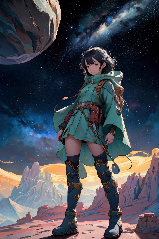 A beautiful, cute girl with a playful, animated appearance stands confidently in the center of a colorful alien landscape. She is dressed in a futuristic, stone-textured outfit that mirrors the rocky, heroic theme, complete with a utility belt and knee-high boots. Her expression is bold and determined, with a slight smirk on her face. The background features a vibrant cosmic scene with swirling planets, stars, and rings in the sky, framed by whimsical, jagged mountains. The landscape below has a winding river with large, smooth stones scattered around, bathed in soft, warm light. The atmosphere is both playful and adventurous, maintaining the original cartoonish and heroic theme intact