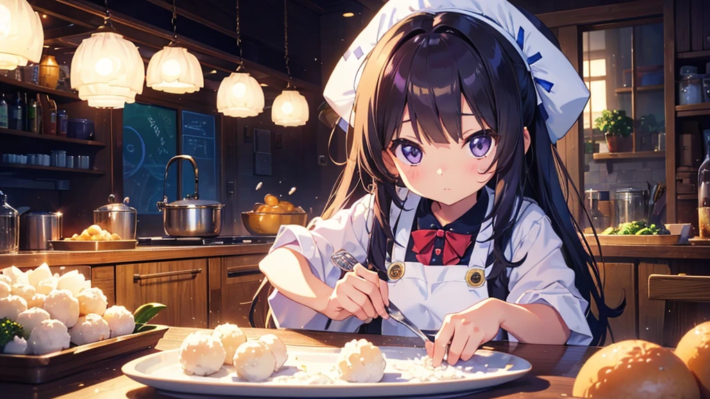 {{{Masterpiece, highest quality, high resolution background}}}, bright and beautiful atmosphere, 1 girl (7 years old, round face, baby face), small breasts, kitchen, lots of rice balls on the cutting board, wearing an apron, A girl holding a rice ball, rice on her cheek, "deltamon_sdXL :0.73) >Deltamon"