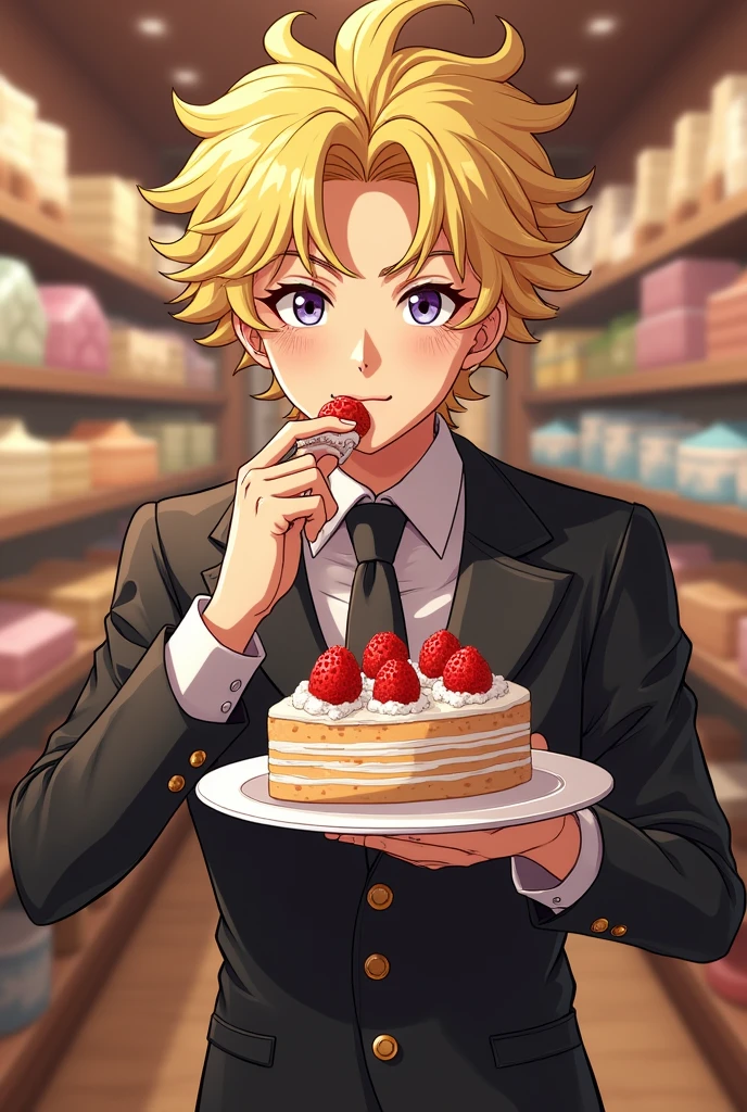 An image of Dio Brando from jojo
 in a Bakery eating cake
